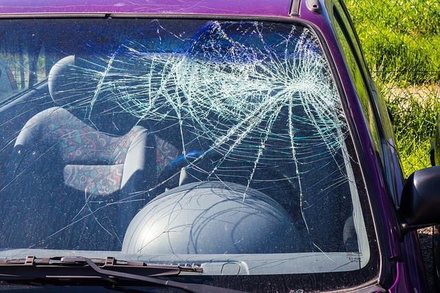 車が事故を起こしてフロンドガラスが割れる