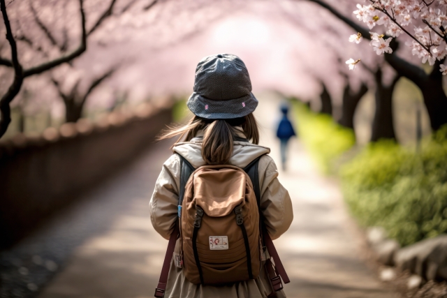 女子小学生が桜並木を歩く