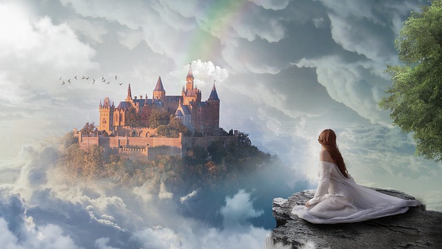 崖の上から城を眺める姫
