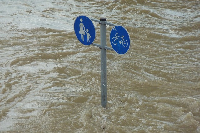 洪水で標識が埋もれる